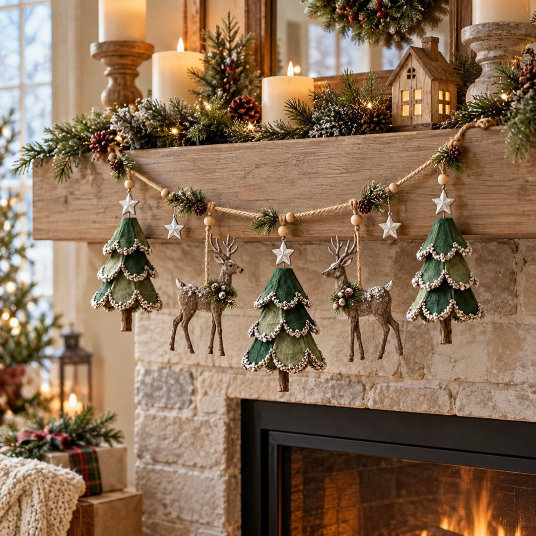 Pre-Lit Christmas Tree & Reindeer Garland - Warm LED Vintage Wooden Garland for Fireplace & Staircase