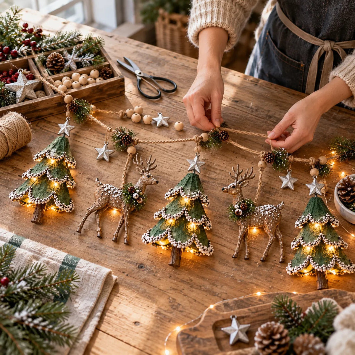 Pre-Lit Christmas Tree & Reindeer Garland - Warm LED Vintage Wooden Garland for Fireplace & Staircase