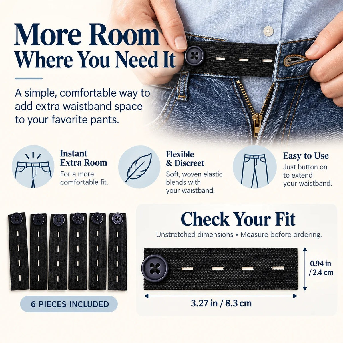 π Elastic Waistband Extender Buttons β Adjustable Comfort, 6-Piece Set