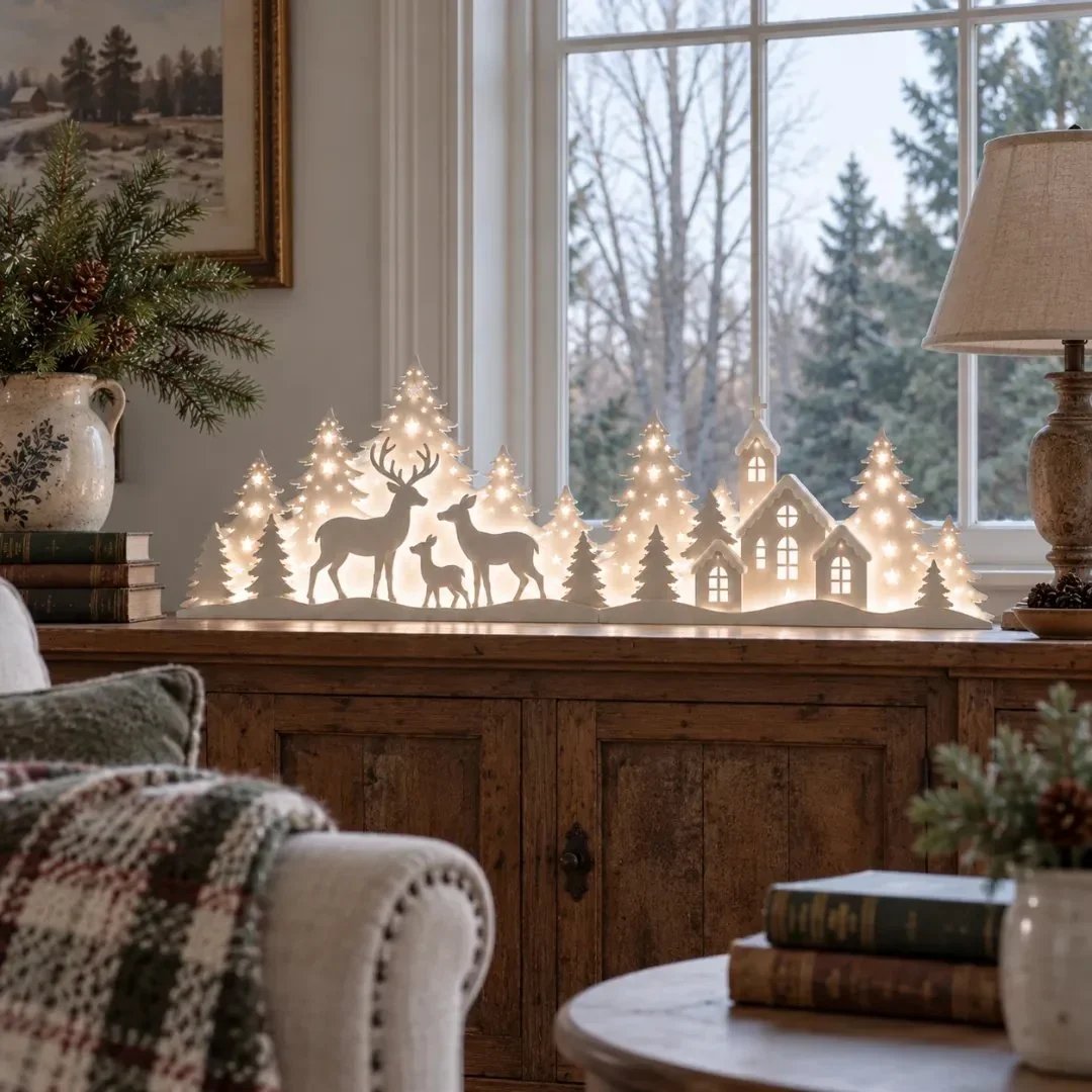 š¦ Illuminated Christmas decorations for the window ā reindeer & village | 2-piece LED set āØ