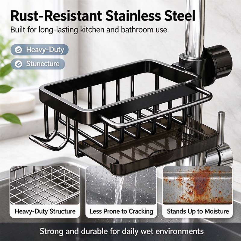 Faucet Sponge Holder & Sink Caddy - Rust-Proof Aluminum Drain Rack with Towel Bar