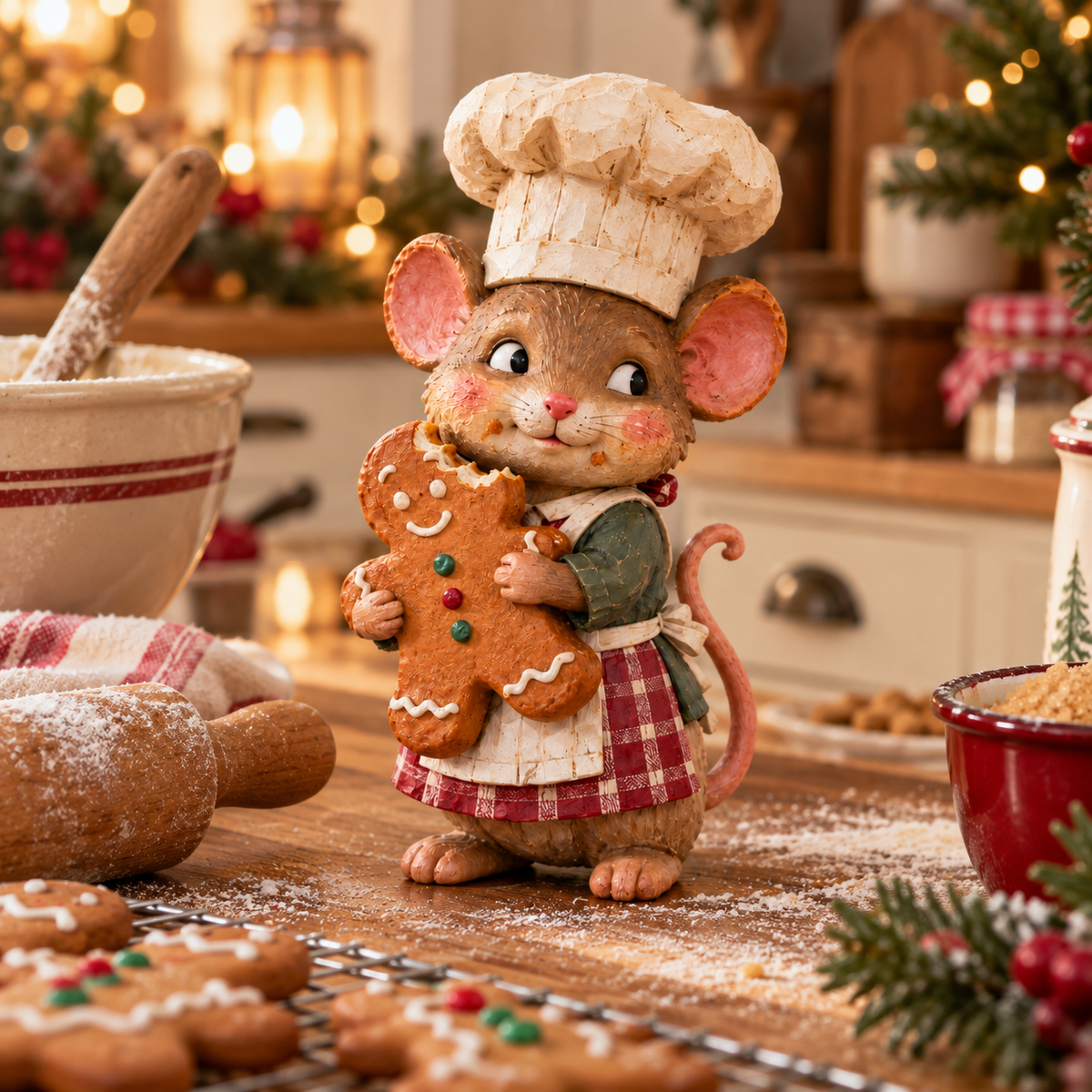 Vintage Gingerbread Mouse Baker Figurine – Whimsical Christmas Kitchen Decor