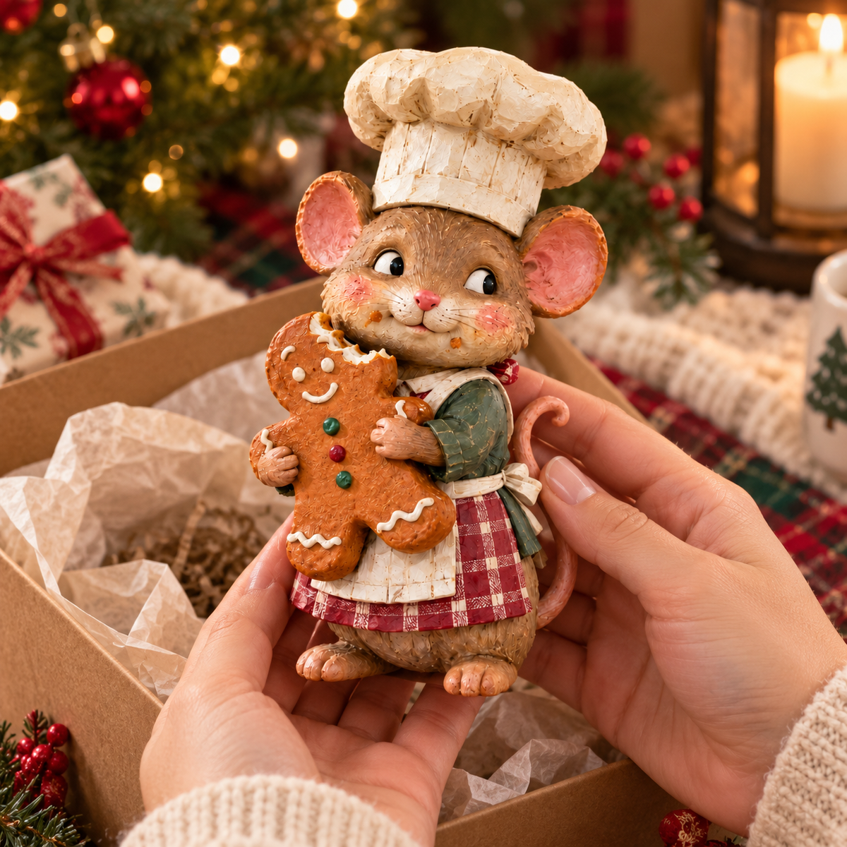 Vintage Gingerbread Mouse Baker Figurine – Whimsical Christmas Kitchen Decor