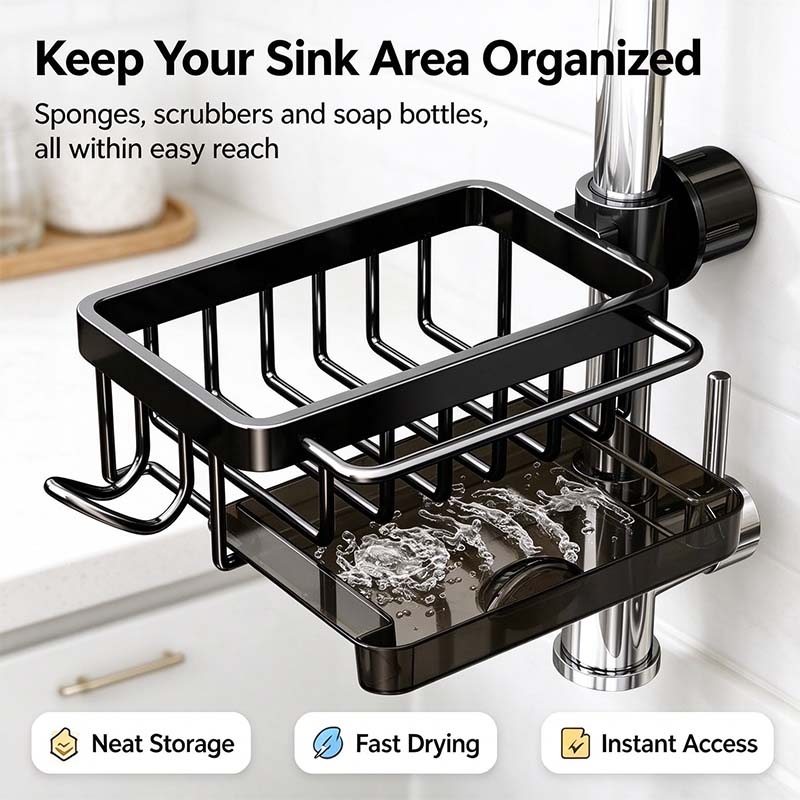 Faucet Sponge Holder & Sink Caddy - Rust-Proof Aluminum Drain Rack with Towel Bar