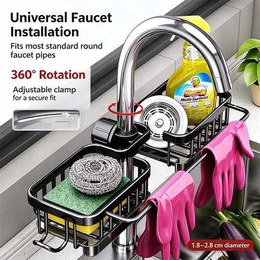 Faucet Sponge Holder & Sink Caddy - Rust-Proof Aluminum Drain Rack with Towel Bar