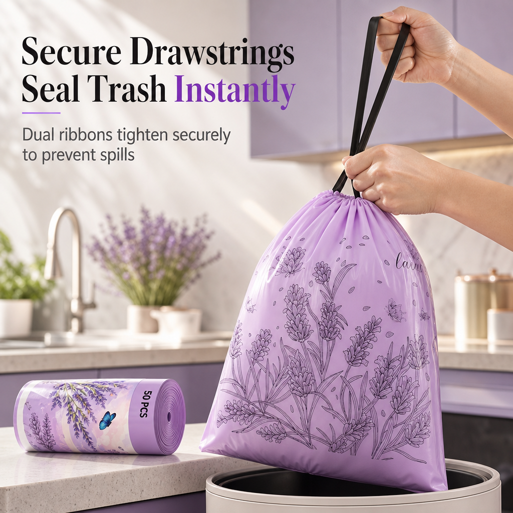 Tear-resistant, drawstring, extra-thick patterned trash bags