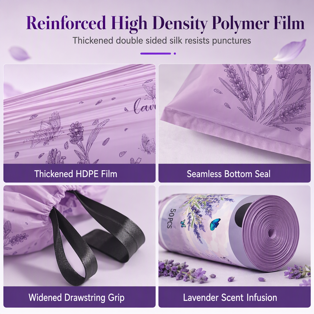 Tear-resistant, drawstring, extra-thick patterned trash bags