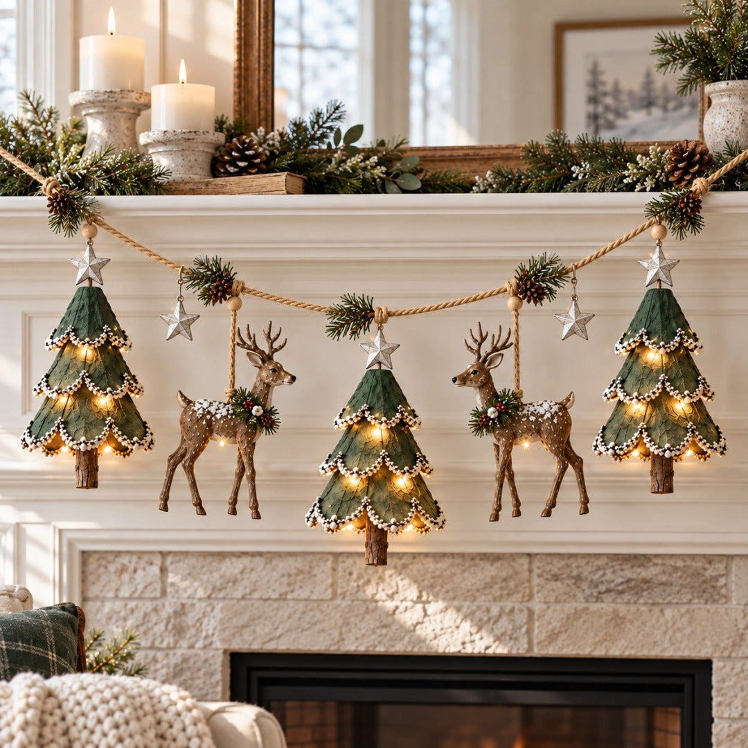 Pre-Lit Christmas Tree & Reindeer Garland - Warm LED Vintage Wooden Garland for Fireplace & Staircase