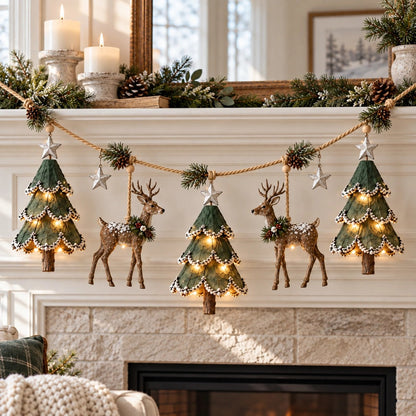 Pre-Lit Christmas Tree & Reindeer Garland - Warm LED Vintage Wooden Garland for Fireplace & Staircase