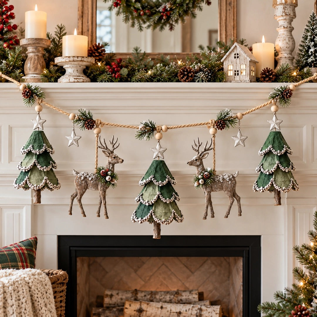 Pre-Lit Christmas Tree & Reindeer Garland - Warm LED Vintage Wooden Garland for Fireplace & Staircase