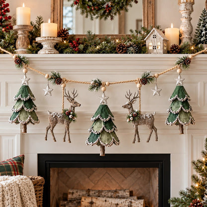 Pre-Lit Christmas Tree & Reindeer Garland - Warm LED Vintage Wooden Garland for Fireplace & Staircase