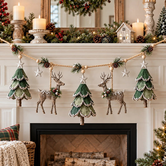 Pre-Lit Christmas Tree & Reindeer Garland - Warm LED Vintage Wooden Garland for Fireplace & Staircase