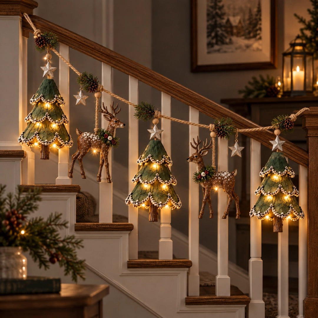 Pre-Lit Christmas Tree & Reindeer Garland - Warm LED Vintage Wooden Garland for Fireplace & Staircase