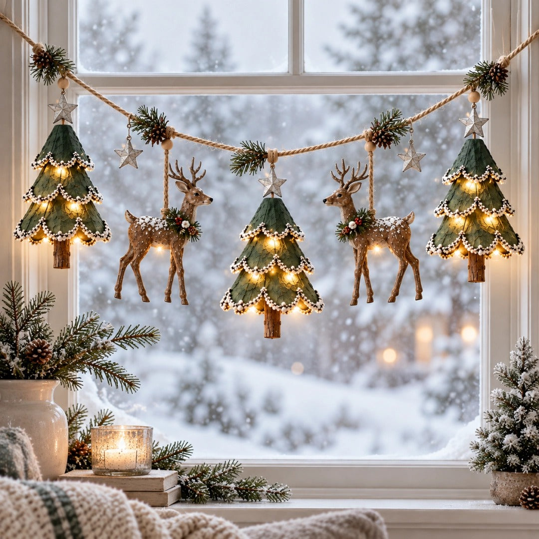 Pre-Lit Christmas Tree & Reindeer Garland - Warm LED Vintage Wooden Garland for Fireplace & Staircase