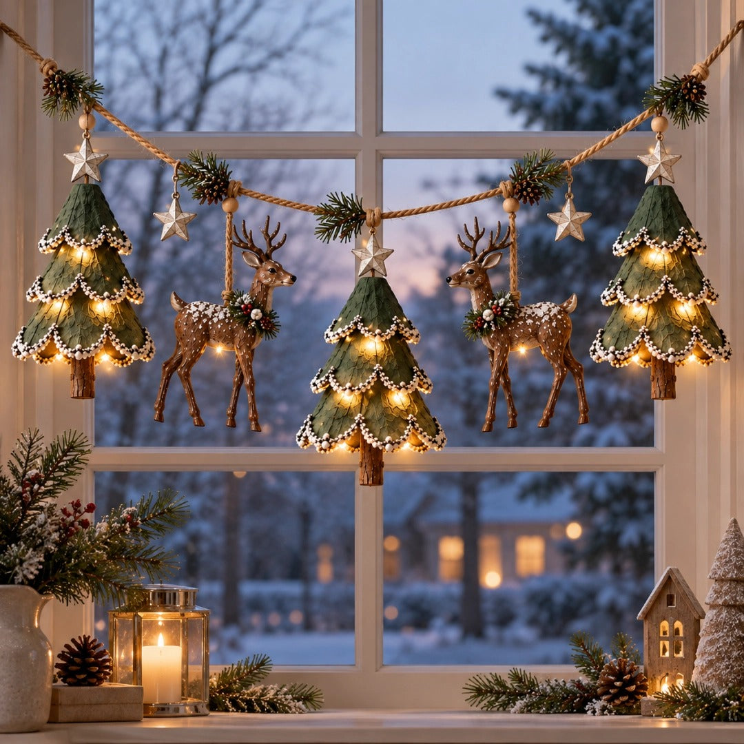 Pre-Lit Christmas Tree & Reindeer Garland - Warm LED Vintage Wooden Garland for Fireplace & Staircase