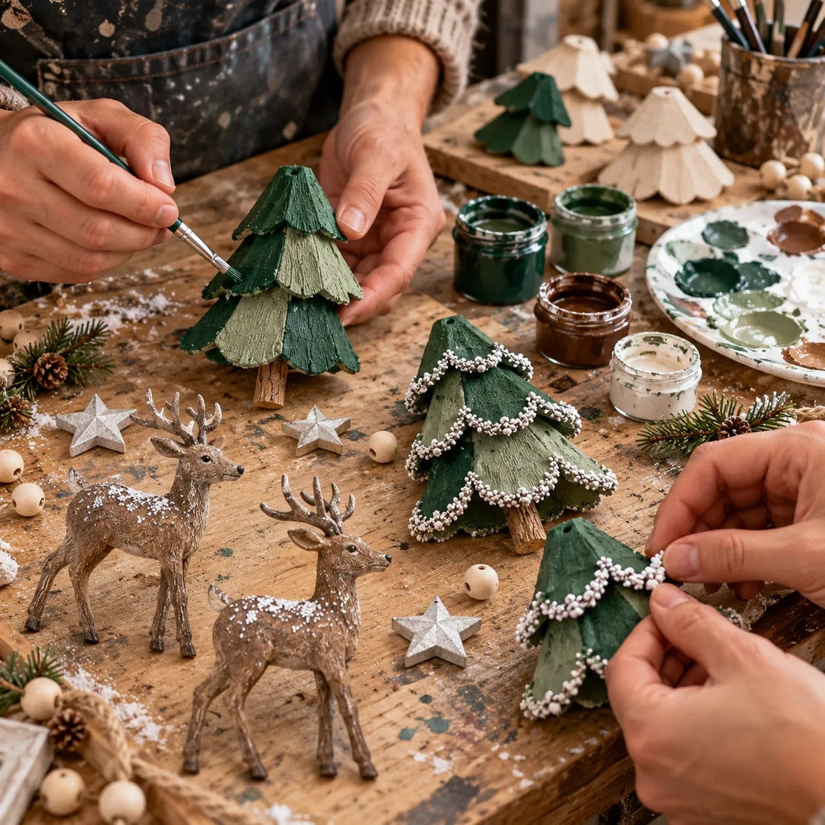 Pre-Lit Christmas Tree & Reindeer Garland - Warm LED Vintage Wooden Garland for Fireplace & Staircase