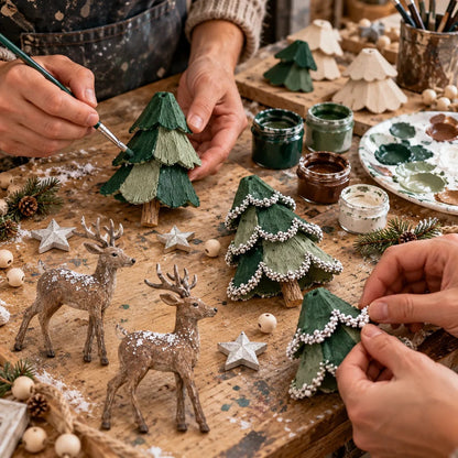 Pre-Lit Christmas Tree & Reindeer Garland - Warm LED Vintage Wooden Garland for Fireplace & Staircase