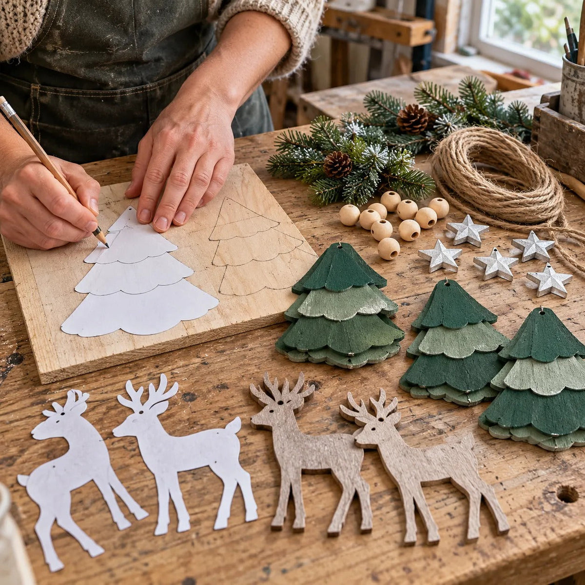 Pre-Lit Christmas Tree & Reindeer Garland - Warm LED Vintage Wooden Garland for Fireplace & Staircase