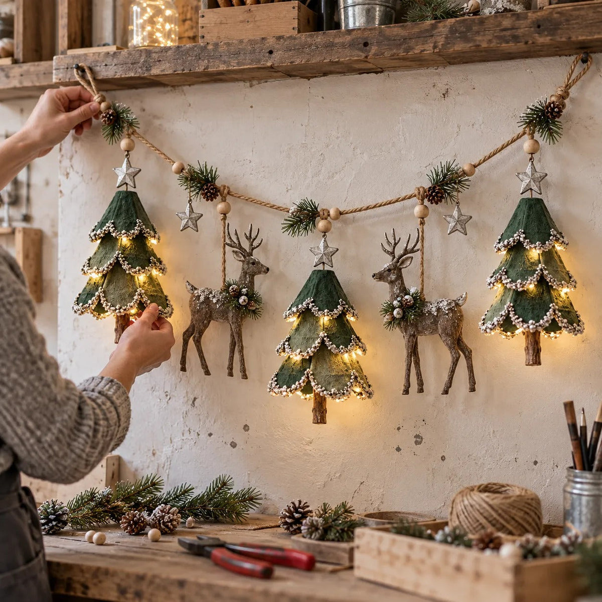 Pre-Lit Christmas Tree & Reindeer Garland - Warm LED Vintage Wooden Garland for Fireplace & Staircase