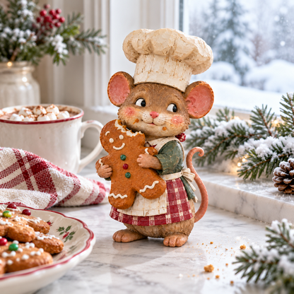 Vintage Gingerbread Mouse Baker Figurine – Whimsical Christmas Kitchen Decor