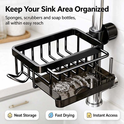 Faucet Sponge Holder & Sink Caddy - Rust-Proof Aluminum Drain Rack with Towel Bar