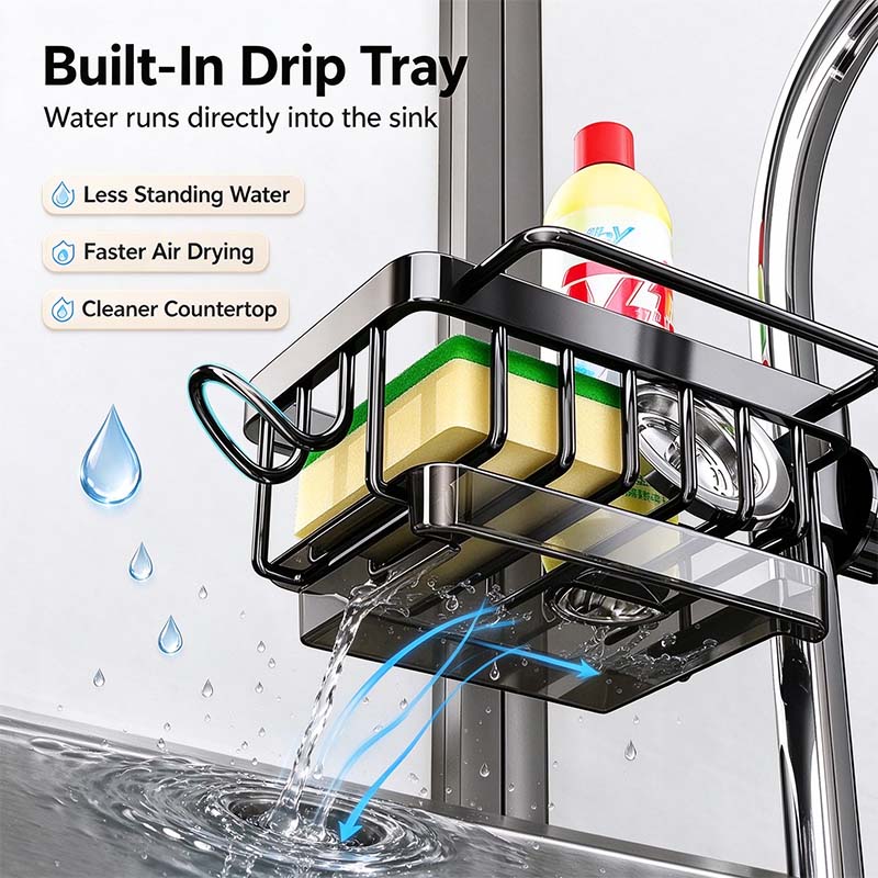 Faucet Sponge Holder & Sink Caddy - Rust-Proof Aluminum Drain Rack with Towel Bar