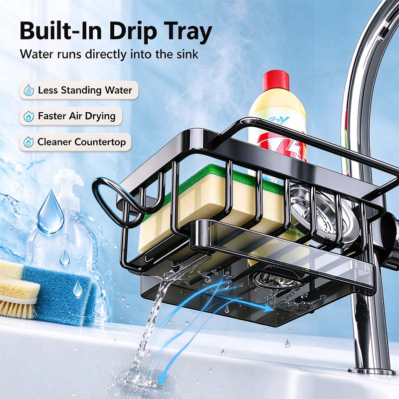 Faucet Sponge Holder & Sink Caddy - Rust-Proof Aluminum Drain Rack with Towel Bar