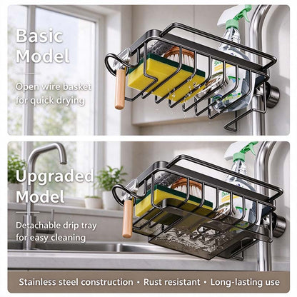 Faucet Sponge Holder & Sink Caddy - Rust-Proof Aluminum Drain Rack with Towel Bar