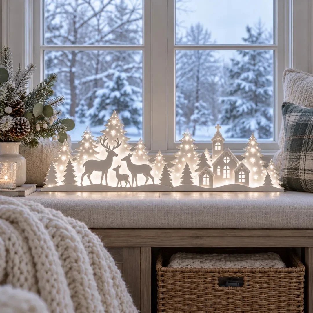 🦌 Illuminated Christmas decorations for the window – reindeer & village | 2-piece LED set ✨