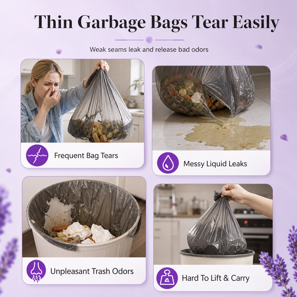 Tear-resistant, drawstring, extra-thick patterned trash bags