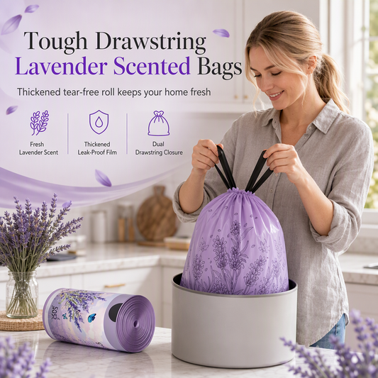 Tear-resistant, drawstring, extra-thick patterned trash bags